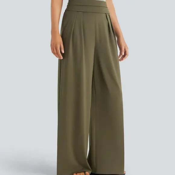 Halara Olive Super High Waist Flowy Wide Leg Pull On Side Pocket Pants Size XS - Picture 3 of 11